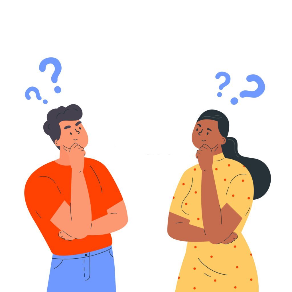 drawn image of tan, masculine looking person with orange shirt and blue jeans looking at brown-skinned, feminine-looking person in yellow dress with orange poka dots. Both have a hand on their chin and there are question marks drawn over them